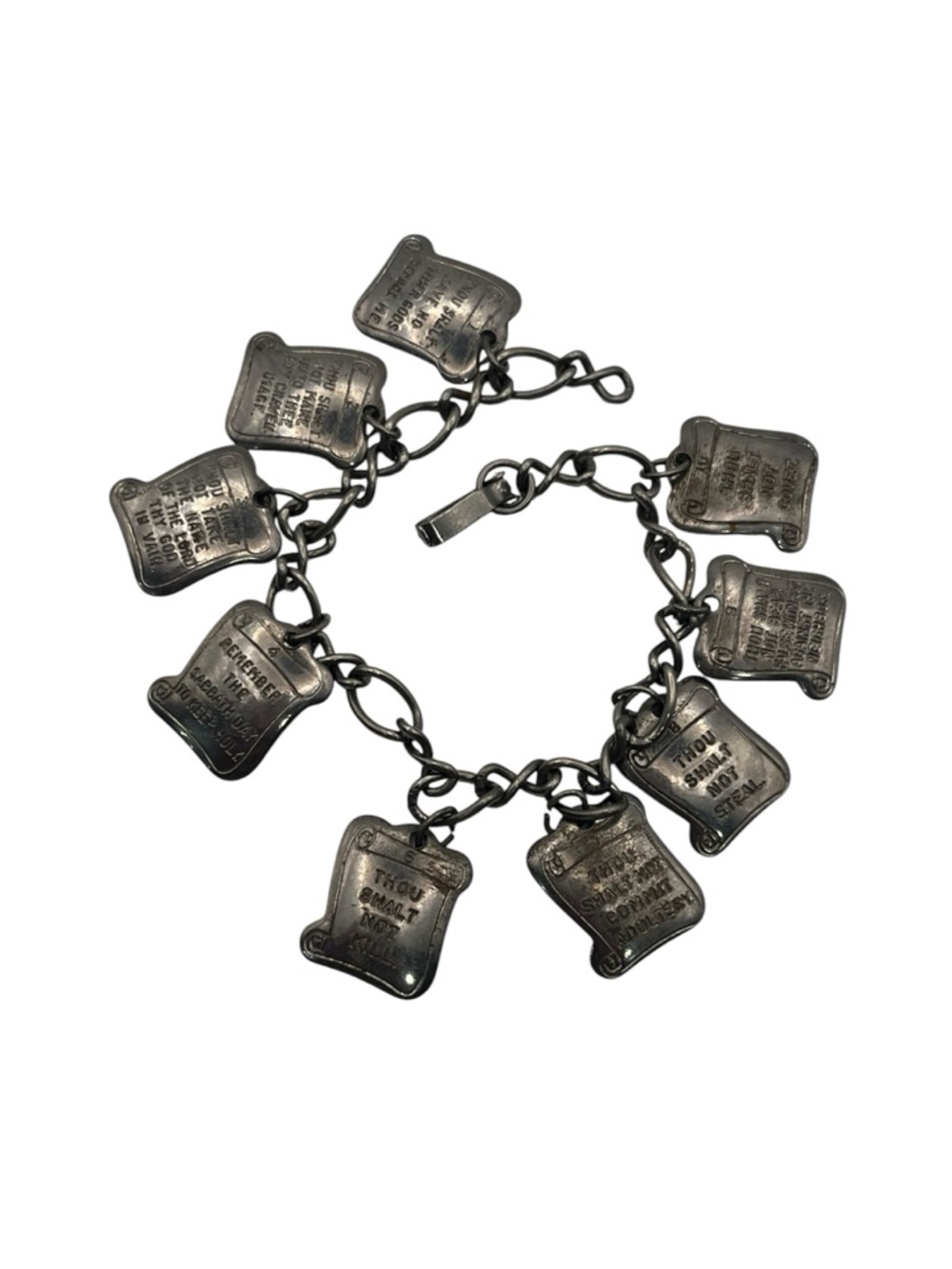 Catholic religious 10 commandments tablets dangle charm bracelet vintage damaged